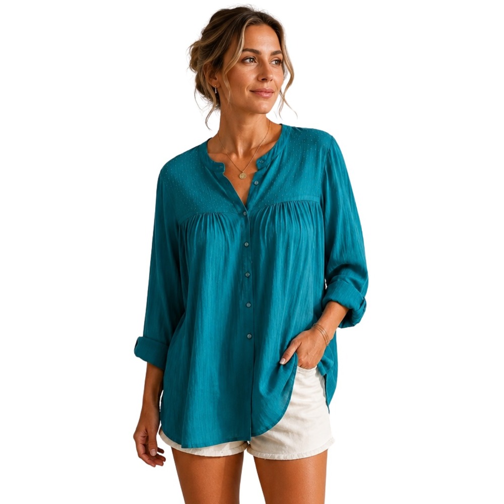Anthropologie Pilcro Top Large Teal Cotton Swiss Dot Gauze Button Down Blouse